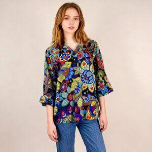 NWOT Ali Miles Paisley Floral Multicolor 3/4 Sleeve Tunic Top Blouse Shirt PS